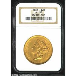 1851 $20 AU58 NGC. A well struck and remarkably unabraded Double Eagle that has abundant but slightl
