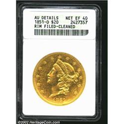1851-O $20--Rim Filed, Cleaned--ANACS. AU Details, Net XF40. The upper reverse rim has faint file ma