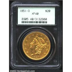 1851-O $20 XF40 PCGS. A nicely detailed example that has a surprising amount of luminous luster at t