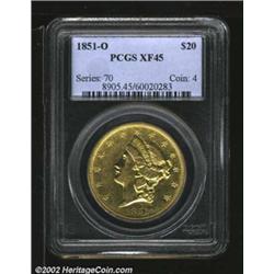 1851-O $20 XF45 PCGS. A bright example that has generally sharp details, although the date and first