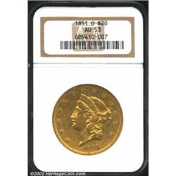 1851-O $20 AU53 NGC. A bit softly struck over the highpoints with the most obvious weakness being at