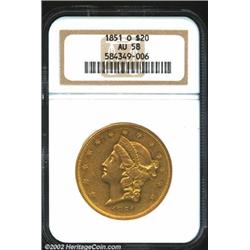 1851-O $20 AU58 NGC. It is believed that around 200 pieces are known of the 1851-O. It is the most a