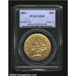 1852 $20 XF45 PCGS. Luster glimmers from the stars, legends, and crevices of the devices. Moderately