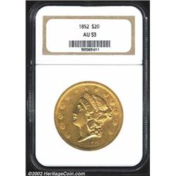 1852 $20 AU53 NGC. The fields have deep apricot-gold color. The legends and devices have pleasing lu