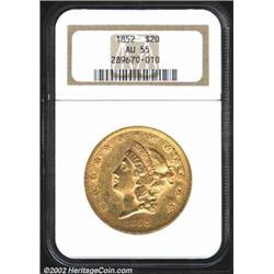 1852 $20 AU55 NGC. A lightly circulated example with sharp devices and ample remaining luster. A fai