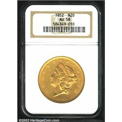 1852 $20 AU58 NGC. A bold example that has green-gold color and a few inconsequential field abrasion
