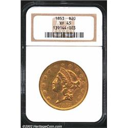 1853 $20 XF45 NGC. A nicely detailed representative with ample bright luster about the stars and leg