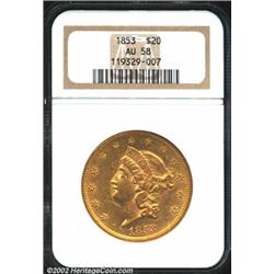 1853 $20 AU58 NGC. Formerly offered as lot 6841 in our February 2000 Long Beach Sale, where it was d