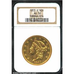 1853-O $20 AU50 NGC. The '53-O is a scarce New Orleans Double Eagle and is generally found in XF or.