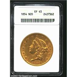 1854 $20 Small Date XF45 ANACS. Well struck designs on bright golden surfaces. Light, uniform wear..