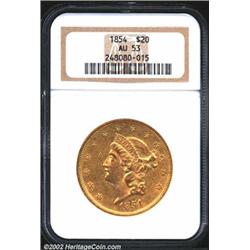 1854 $20 Small Date AU53 NGC. Breen-7167, "very scarce." The date is obviously repunched, most notab