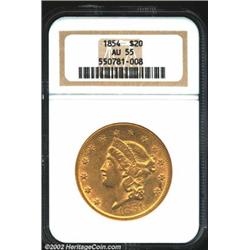 1854 $20 Large Date AU55 NGC. A sharply struck Double Eagle with pleasing luster throughout the bord
