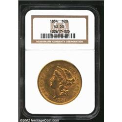 1854 $20 Small Date AU58 NGC. Repunched Date. Breen-7167. The date was first punched too high and th
