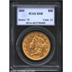 1855 $20 XF45 PCGS. A sharp and bright Double Eagle. The fields have a few minor abrasions, but the.