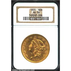 1855 $20 AU58 NGC. Only 13 to 16 examples of the 1855 are believed extant today in AU58 and Uncircul