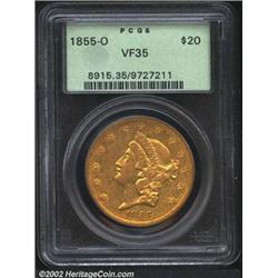 1855-O $20 VF35 PCGS. Richly detailed for the grade, with only the tips of the eagle's wings worn. L