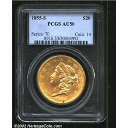 1855-S $20 AU50 PCGS. Seldom located any finer than AU, this '55-S is well struck with bright yellow