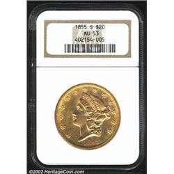 1855-S $20 AU53 NGC. A sharply detailed but moderately abraded example that has pleasing luster for.