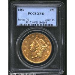 1856 $20 XF40 PCGS. A suitable circulated representative of this P-mint double eagle. Yellow-gold su
