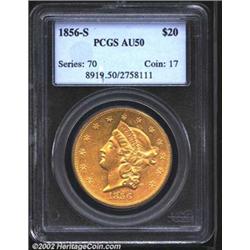 1856-S $20 AU50 PCGS. A bright and richly detailed Double Eagle that has a few wispy slide marks, bu