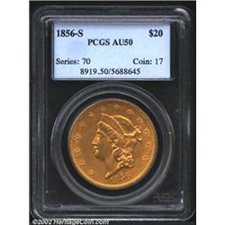 1856-S $20 AU50 PCGS. A golden-brown piece with luminous luster across the devices and borders. The.