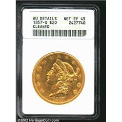 1857-S $20--Cleaned--ANACS. AU Details, Net XF45. A bold example that has much luster. A few short p