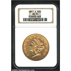1857-S $20 AU55 NGC. A bold representative that has especially extensive luster on the reverse legen