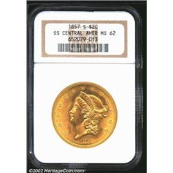 1857-S $20 MS62 NGC. Ex: S.S. Central America. A well struck Double Eagle that is lustrous and clean