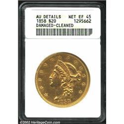 1858 $20--Damaged, Cleaned--ANACS. AU Details, Net XF45. The strike is razor-sharp, and the devices.
