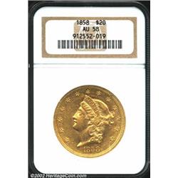 1858 $20 AU58 NGC. Even though 211,714 pieces were struck of this issue, it is seldom located in AU.