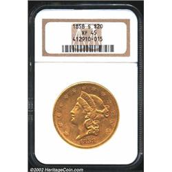 1858-S $20 XF45 NGC. The fields have greenish-gold color, with strong hints of luster swirl about th