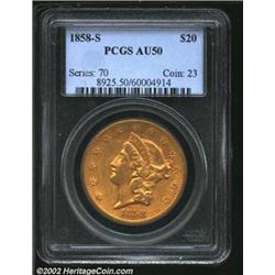1858-S $20 AU50 PCGS. The strike on this important Type One double eagle was sharp before it entered
