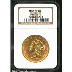 1858-S $20 AU55 NGC. A challenging issue to locate in AU and Uncirculated grades--one must remember.