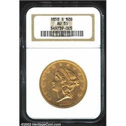 1858-S $20 AU55 NGC. A problem-free example that is only lightly abraded and has bold details. 1858-