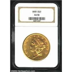 1859-S $20 AU50 NGC. The obverse field has a few lesser abrasions, while the reverse is relatively c