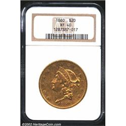 1860 $20 XF40 NGC. Lustrous for the grade with only light rub on the devices. The obverse has numero