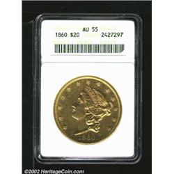 1860 $20 AU55 ANACS. A moderately scarce P-mint twenty that leaps in difficulty at the Mint State le