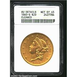 1860-S $20--Cleaned--ANACS. AU Details, Net XF45. Only very lightly cleaned, and with a pleasing app