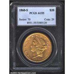 1860-S $20 AU55 PCGS. The 1860-S is a second tier rarity among S-mint Liberty Double Eagles. It is a