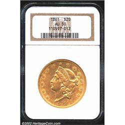 1861 $20 AU50 NGC. A bold example that has a cloudy surface due to myriad wispy abrasions. The luste