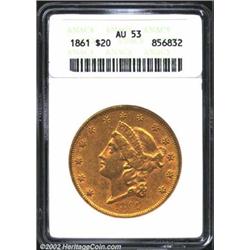 1861 $20 AU53 ANACS. Orange-golden surfaces with some subdued mint luster. Light wear and circulatio