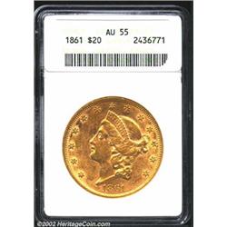 1861 $20 AU55 ANACS. A flashy piece with considerable luster. Minimally worn with some field marks o