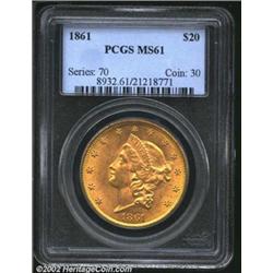 1861 $20 MS61 PCGS. Sharply struck with complete mint luster and even reddish-golden color. An affor