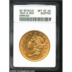 1861-S $20--Damaged--ANACS. AU Details, Net XF40. This Double Eagle has considerable bright luster a