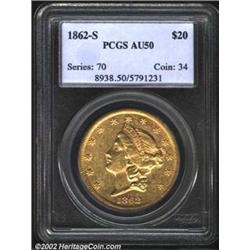 1862-S $20 AU50 PCGS. Richly detailed with bright luster at the margins, but typically abraded. The.