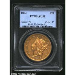 1863 $20 AU53 PCGS. Lightly abraded, with much peripheral luster. The devices have very little rub;.