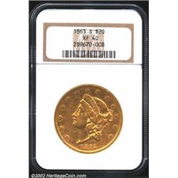 1863-S $20 XF40 NGC. Hints of bright luster persist throughout the legends and devices. The stars ar