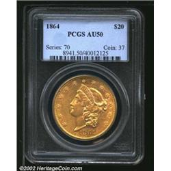1864 $20 AU50 PCGS. Luster envelopes the stars, legends, and devices. The obverse field has a few wi