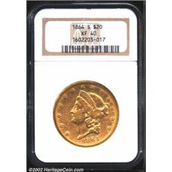 1864-S $20 XF40 NGC. A glossy example that has a minor reverse rim ding at 12 o'clock. The fields ar