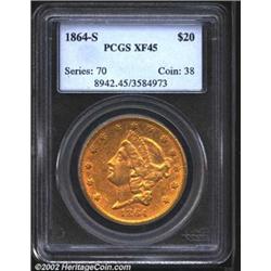 1864-S $20 XF45 PCGS. Rich lemon-gold patina. Moderately abraded, but with ample luminous luster for